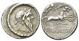 D. Iunius Silanus L.f. Denarius 91, AR 19mm., 3.83g. Laureate head of Silanus r.; below, ROMA and behind, T. All within torque. Rev. Victory in biga r...