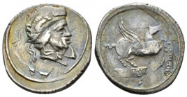 Q. Titius. Denarius 90, AR 19.5mm., 4.15g. Head of Mutinus Titinus r., wearing winged diadem. Rev. Pegasus prancing r.; below, Q·TITI in linear frame....