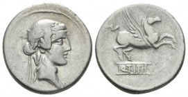 Q. Titius. Denarius 90, AR 18.5mm., 4.18g. Ivy-wreathed head of Bacchus r. Rev. Pegasus prancing r.; below, Q·TITI in linear frame. Babelon Titia 2. S...