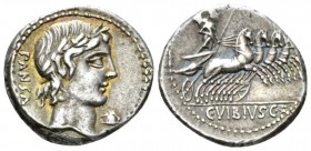 C. Vibius C.f. Pansa. Denarius 90, AR 19mm., 4.13g. PANSA Laureate head of Apollo r.; below chin, helmet. Rev. Minerva in fast quadriga r., holding sp...