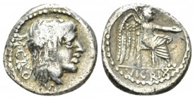 M. Cato. Quinarius 89, AR 14.5mm., 2.05g. M·CATO Ivy-wreathed head of Liber r.; below, corn ear. Rev. Victory seated r., holding patera in r. hand and...