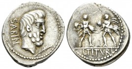 L. Tituri L.f. Sabinus Denarius 89, AR 20.5mm., 3.99g. Denarius 89, AR 3.82 g. SABIN Head of King Tatius r.; below chin, palm branch. Rev. Rape of the...