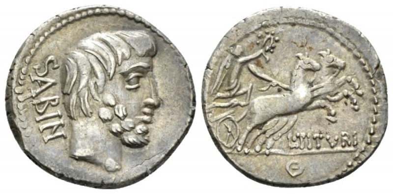 L. Tituri L.f. Sabinus. Denarius circa 89, AR 19.5mm., 3.94g. SABIN Head of King...