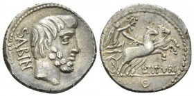 L. Tituri L.f. Sabinus. Denarius circa 89, AR 19.5mm., 3.94g. SABIN Head of King Tatius r. Rev. Victory in biga r., holding wreath; below, L·TITVRI an...