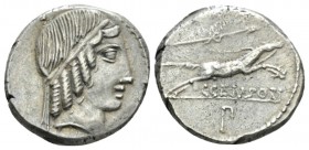 C. Marcius Censorinus. Denarius 88, AR 17.5mm., 4.19g. Diademed head of Apollo r. Rev. Horse prancing r.; above, uncertain symbol and below, C·CENSORI...