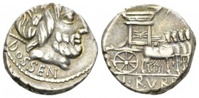 L. Rubrius Dossenus Denarius 87, AR 16.5mm., 4.15g. Laureate head of Jupiter r., with sceptre over shoulder; behind, DOSSEN. Rev. Triumphal chariot wi...
