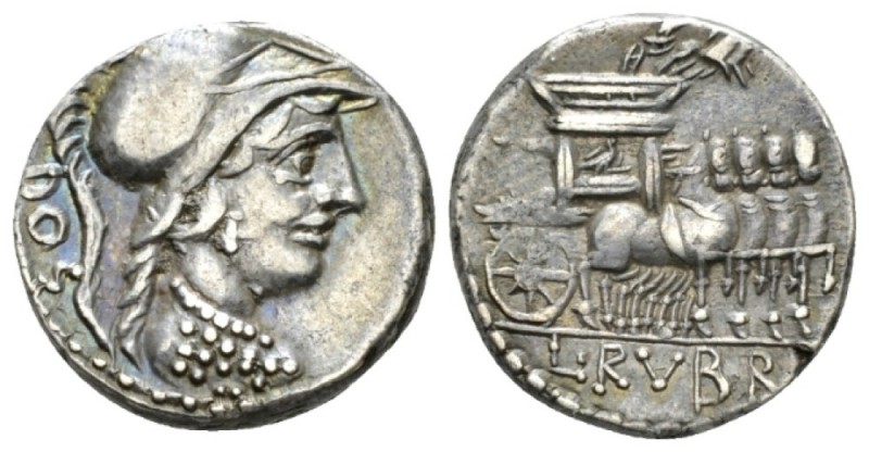 L. Rubrius Dossenus. Denarius 87, AR 16.5mm., 3.78g. Helmeted bust of Minerva r....