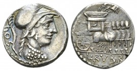 L. Rubrius Dossenus. Denarius 87, AR 16.5mm., 3.78g. Helmeted bust of Minerva r., wearing aegis; behind, [D]OS. Rev. Triumphal chariot with side panel...