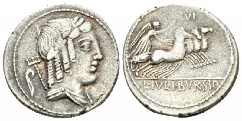 L. Iulius Bursio. Denarius 85, AR 21mm., 3.89g. Male head r., with the attribute...