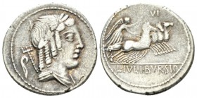 L. Iulius Bursio. Denarius 85, AR 21mm., 3.89g. Male head r., with the attributes of Apollo, Mercury and Neptune; behind, sceptre. Rev. Victory in qua...