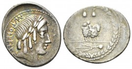 Mn. Fonteius C.f. Denarius circa 85, AR 18.5mm., 3.74g. Laureate head of Apollo Veiovis r.; below, thunderbolt; behind, MN FONTEI C F; before, monogra...