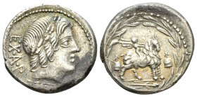Mn. Fonteius Denarius 85, AR 19mm., 3.75g. MN·FONTEI·C·F Laureate head of Apollo r.; behind, EX·A·P. Rev. Cupid on goat r., on either side, pileii; in...