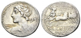 C. Licinius L.f. Macer. Denarius 84, AR 21mm., 4.06g. Bust of Apollo seen from behind, with head turned l, holding thunderbolt in r. hand. Rev. Minerv...