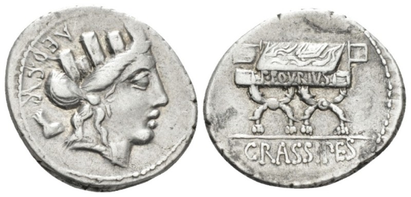 P. Fourius Crassipes Denarius 84, AR 20mm., 3.68g. AED·CVR Turreted head of Cybe...