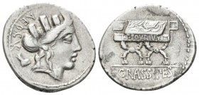 P. Fourius Crassipes Denarius 84, AR 20mm., 3.68g. AED·CVR Turreted head of Cybele r.; behind, foot downwards. Rev. Curule chair inscribed P·FOVRIVS; ...