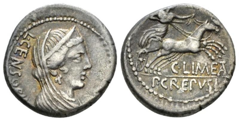 P. Crepusius, C. Limetanus and L. Censorinus. Denarius 82, AR 17.5mm., 4.06g. L·...