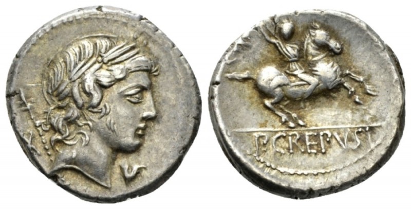 P. Crepusius. Denarius 82, AR 17.5mm., 4.12g. Laureate head of Apollo r., sceptr...