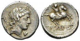 P. Crepusius. Denarius 82, AR 17.5mm., 4.12g. Laureate head of Apollo r., sceptre on far shoulder; below chin, poppy head with stalk; behind, V. Rev. ...