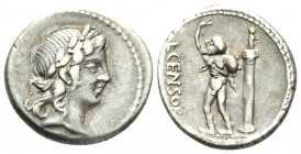 L. Marcius Censorinus. Denarius 82, AR 18.5mm., 3.99g. Laureate head of Apollo r. Rev. L·CENSOR Marsyas walking l. with r. arm raised and holding wine...