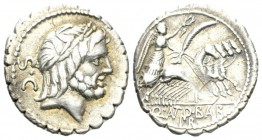 Q. Antonius Balbus. Denarius serratus 83-82, AR 18mm., 3.86g. Laureate head of Jupiter r.; behind, S·C. Rev. Victory in quadriga r., holding reins and...