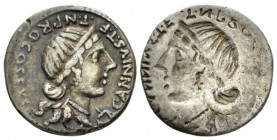 C. Annius T.f. T.n. and L. Fabius L.f. Hispaniensis. Denarius Northern Italy and Spain 82-81, AR 19mm., 3.91g. C·ANNI·T·F·T·N·PRO·COS·EX·S·C· Diademed...