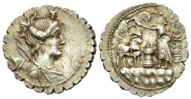 A. Postumius Albinus. Denarius serratus 81, AR 21.5mm., 3.95g. Draped bust of Diana r., with bow and quiver over shoulder; above head, bucranium. Rev....