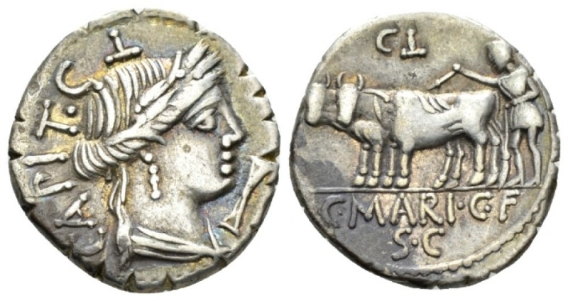 C. Marius C. f. Capito. Denarius serratus 81, AR 18mm., 3.88g. Bust of Ceres r.;...