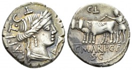 C. Marius C. f. Capito. Denarius serratus 81, AR 18mm., 3.88g. Bust of Ceres r.; behind, CAPIT·CIIII. Below chin, torque. Rev. Ploughman with a yoke o...