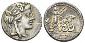 M. Volteius M.f. Denarius 78, AR 17mm., 3.86g. Head of Liber r., wearing ivy-wreath. Rev. Ceres in biga of snakes r., holding torch in each hand; behi...