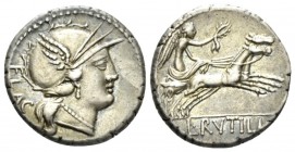 L. Rutilius Flaccus. Denarius circa 77, AR 17.5mm., 4.02g. FLAC Helmeted head of Roma r. Rev. Victory in biga r., holding reins and wreath; in exergue...