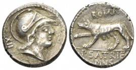 Denarius 77, AR 17.5mm., 3.81g. Helmeted head of Roma r.; behind, TXXXIII. Rev. ROMA She-wolf l., r. forepaw raised; in exergue, P·SATRIE / NVS. Babel...