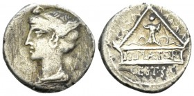 M. Plaetorius M.f. Cestianus. Denarius 69, AR 19.5mm., 3.72g. Draped female bust l., wearing winged diadem; behind, control mark. Rev. Anguipedic mons...