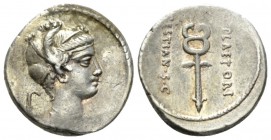 M. Plaetorius M. f. Cestianus. Denarius 69, AR 17.5mm., 3.80g. Draped female bust r., hair decorated with poppy-heads; behind, jug. Rev. M·PLAETORI – ...