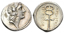 M. Plaetorius M. f. Cestianus. Denarius 69, AR 18mm., 4.02g. Male head r., with flowing hair; behind, acrostolium. Rev. M·PLAETORI – CEST·EX·S·C Winge...