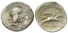 C. Calpurnius L. f. Frugi. Denarius 67, AR 20.5mm., 3.90g. Head of Apollo r., hair bound with fillet; behind, man holding torch. Rev. Horseman gallopi...