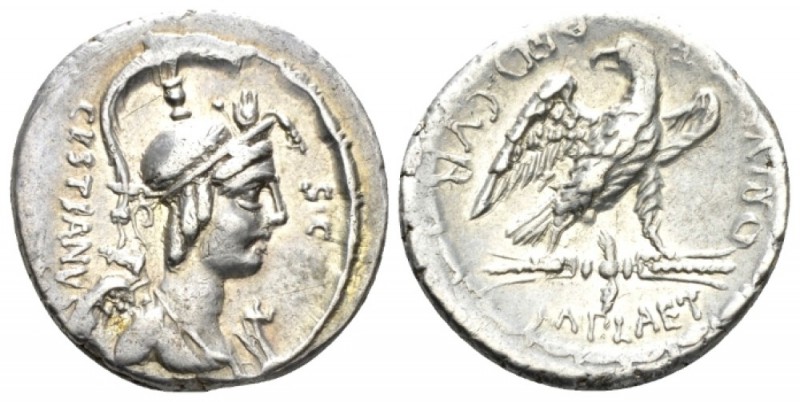 M. Plaetorius M.f. Caestianus. Denarius 67, AR 19mm., 3.82g. Bust r. with the at...