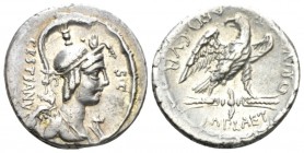 M. Plaetorius M.f. Caestianus. Denarius 67, AR 19mm., 3.82g. Bust r. with the attributes of Isis, Minerva, Apollo, Diana and Victory; before, cornucop...