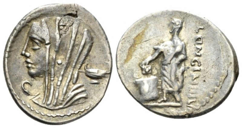 L. Cassius Longinus. Denarius 63, AR 18.5mm., 3.49g. Diademed and veiled head of...