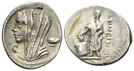 L. Cassius Longinus. Denarius 63, AR 18.5mm., 3.49g. Diademed and veiled head of Vesta l.; below chin, L. In r. field, dish. Rev. LONGIN·III·V Voter s...