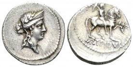 M. Aemilius Lepidus. Denarius circa 61, AR 19mm., 3.71g. Laureate and diademed female head r. Rev. AN·XV PR·H·O·C·S Horseman r., carrying trophy over ...