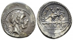 L. Marcius Philippus. Denarius 56, AR 18.5mm., 3.89g. Diademed head of Ancus Marcius r.; behind, lituus and below, ANCVS. Rev. PHILIPPVS Equestrian st...