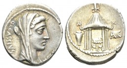 Q. Cassius Longinus. Denarius 55, AR 17.5mm., 4.00g. Q·CASSIVS – VESTA Veiled head of Libertas r. Rev. Temple of Vesta with curule chair inside; in l....