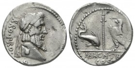 Cn. Pompeius Magnus and Terentius Varro. Denarius mint moving with Pompey 49, AR 18.5mm., 3.96g. VARRO. PRO – Q Terminal bust of Jupiter r., wearing d...