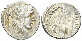 L. Hostilius Saserna. Denarius 48, AR 18.5mm., 3.81g. Female head r., with long hair; behind, carnyx. Rev. Artemis standing facing, holding spear and ...