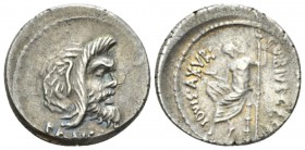 C. Vibius C.f. Cn. Pansa Caetronianus. Denarius 48, AR 19mm., 3.92g. Mask of bearded Pan r.; below, PANSA. Rev. C·VIBIVS·C·F·C·N – IOVIS AXVR Jupiter,...