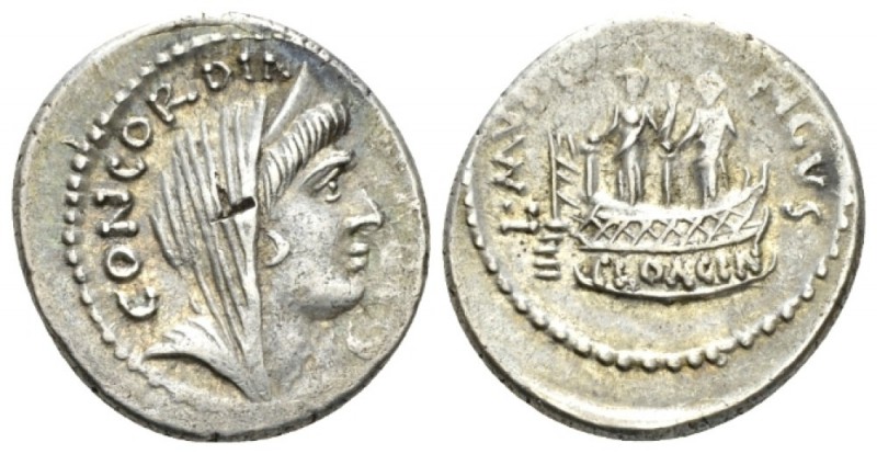 L. Mussidius Longus. Denarius 42, AR 18.5mm., 3.94g. CONCORDIA Diademed and veil...