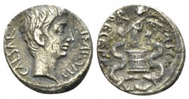 Octavian, 32 – 27 BC Quinarius Uncertain Italian or Ephesus circa 29-28, AR 13mm., 1.55g. Bare head r. Rev. Victory standing l. on cista mystica, hold...