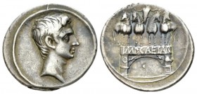 Octavian, 32 – 27 BC Denarius Rome circa 29-27, AR 20.5mm., 3.82g. Bare head r. Rev. Octavian's Actian arch (arcus Octaviani), showing a single span s...