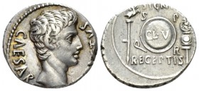 Octavian as Augustus, 27 BC – 14 AD Denarius Colonia Patricia (?) 19 BC, AR 19mm., 3.88g. Bare head r. Rev. Aquila, on l., and standard, on r., flanki...