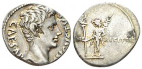 Octavian as Augustus, 27 BC – 14 AD Denarius Colonia Caesaraugusta (?) circa 19-18, AR 19mm., 3.74g. Bare head r. Rev. Mars, helmeted and cloaked, sta...